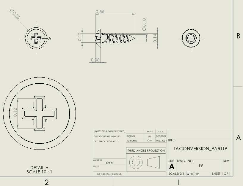 SolidWorks drawing of screw